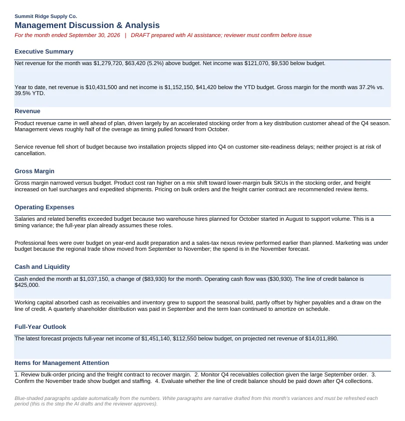 MD&A page of the workbook